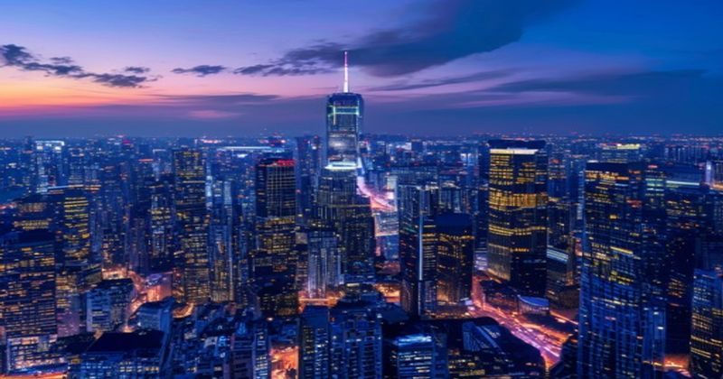 东京都市全景夜景，高楼大厦灯光璀璨，代表日本一区二区中的一区核心地带，现代都市氛围浓厚