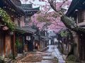 京都东山区石板小路与传统町家建筑，樱花飘落，代表日本一区二区中二区最具历史韵味的文化景观