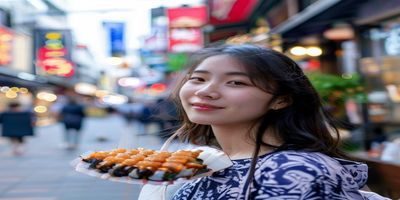 年轻女性在大阪街头品尝章鱼烧，背景是热闹的二区商业街，代表在日本二区生活的中国旅居者真实体验